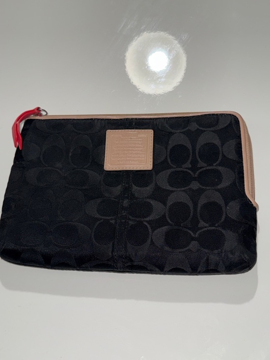 Coach Handbags - Coach Black Signature Pouch with Tan Trim and Red Pull